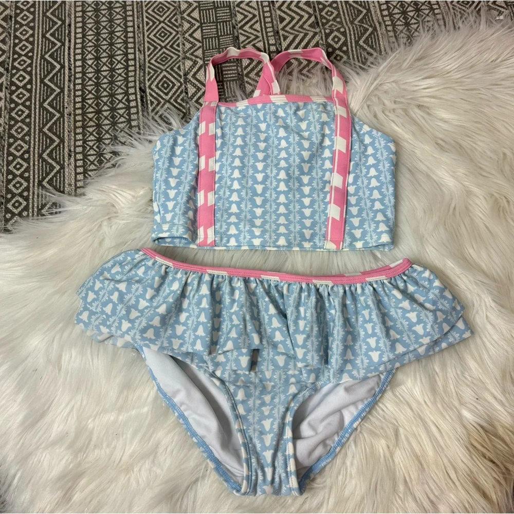 Hanna Andersson Girls Swim Tankini ‎ Set Blue White Ruffles Pink Sz 140-150